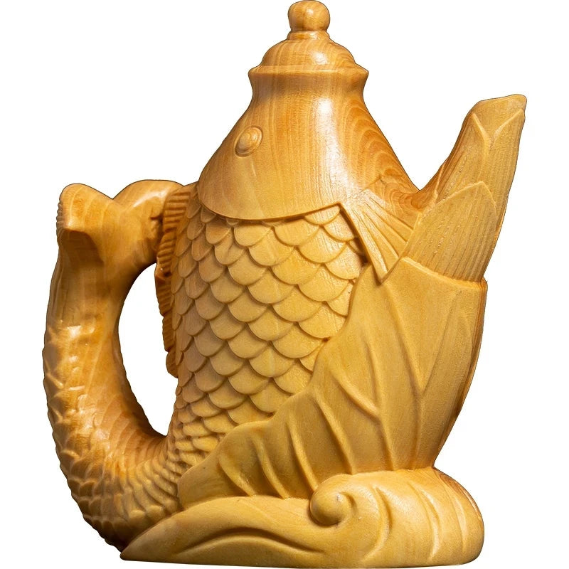 Boxwood 8cm Carp Teapot Sculpture Feng Shui Solid Wood Rich Teapot Lucky Fish Animal Statue Tea Ceremony Home Decor