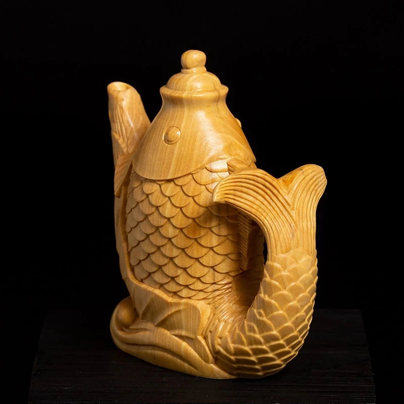 Boxwood 8cm Carp Teapot Sculpture Feng Shui Solid Wood Rich Teapot Lucky Fish Animal Statue Tea Ceremony Home Decor