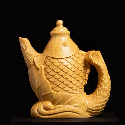 Boxwood 8cm Carp Teapot Sculpture Feng Shui Solid Wood Rich Teapot Lucky Fish Animal Statue Tea Ceremony Home Decor