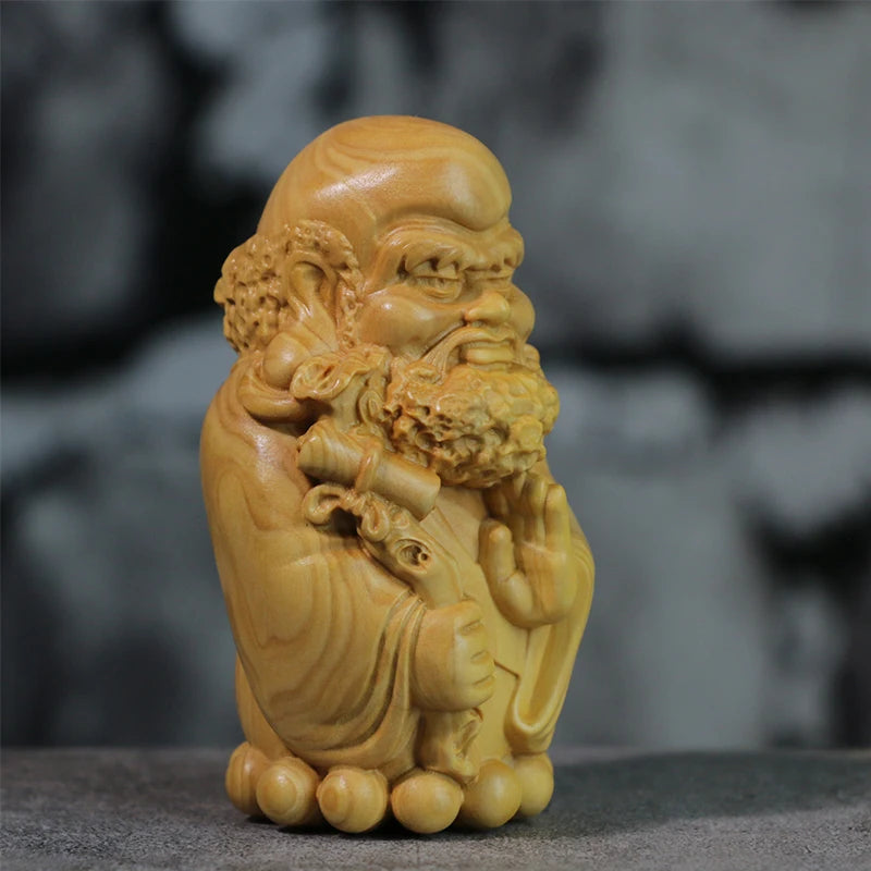 Boxwood 8cm Cartoon Dharma Wood Carving Zen Buddha Statue Master Feng Shui Sculpture Home Decor