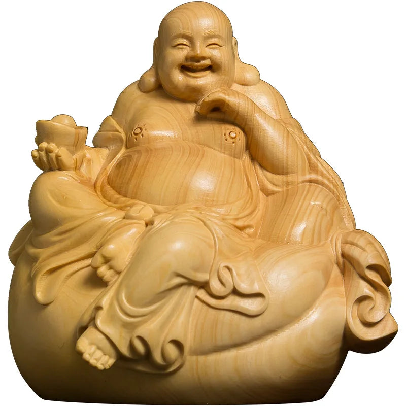 Boxwood 8cm Maitreya Sculpture Wood Carving Laughing Buddha Statue Home Decor