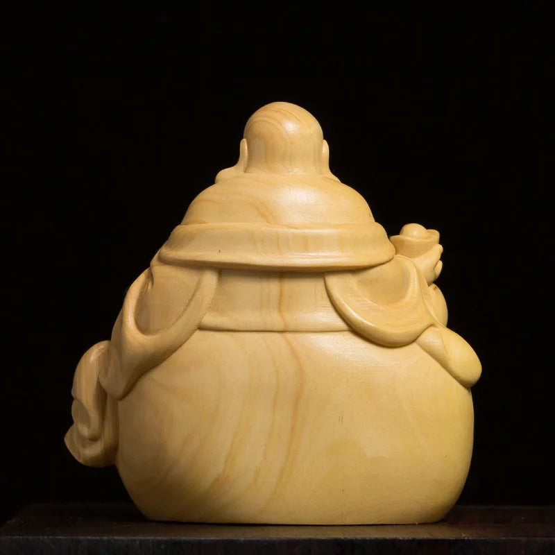Boxwood 8cm Maitreya Sculpture Wood Carving Laughing Buddha Statue Home Decor