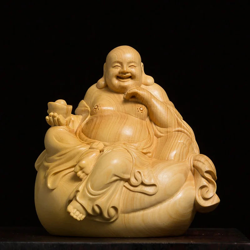Boxwood 8cm Maitreya Sculpture Wood Carving Laughing Buddha Statue Home Decor