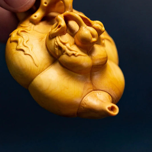 Boxwood 8cm Pumpkin Pot Sculpture Wood Carving Vegetable Statue Lucky Home Decoration