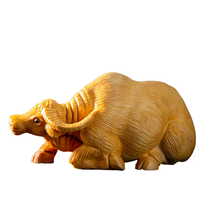 Boxwood 9CM Buffalo Sculpture Lucky Chinese Bull Wood Animal Statue Diligent Home Decors