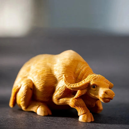 Boxwood 9CM Buffalo Sculpture Lucky Chinese Bull Wood Animal Statue Diligent Home Decors