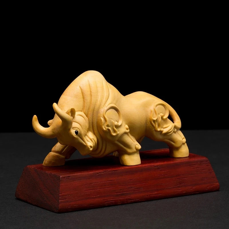 Boxwood 9cm Bull Sculpture OX Lucky Rich Wood Animal Statue Desktop Home Decor