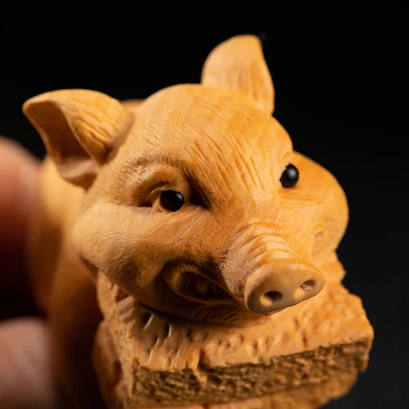 Boxwood 9cm Pig Sculpture Wood Animal Statue Small Diligent Piggy Lucky Home Decor