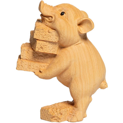 Boxwood 9cm Pig Sculpture Wood Animal Statue Small Diligent Piggy Lucky Home Decor