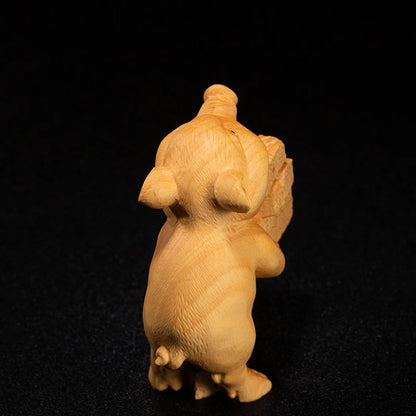 Boxwood 9cm Pig Sculpture Wood Animal Statue Small Diligent Piggy Lucky Home Decor
