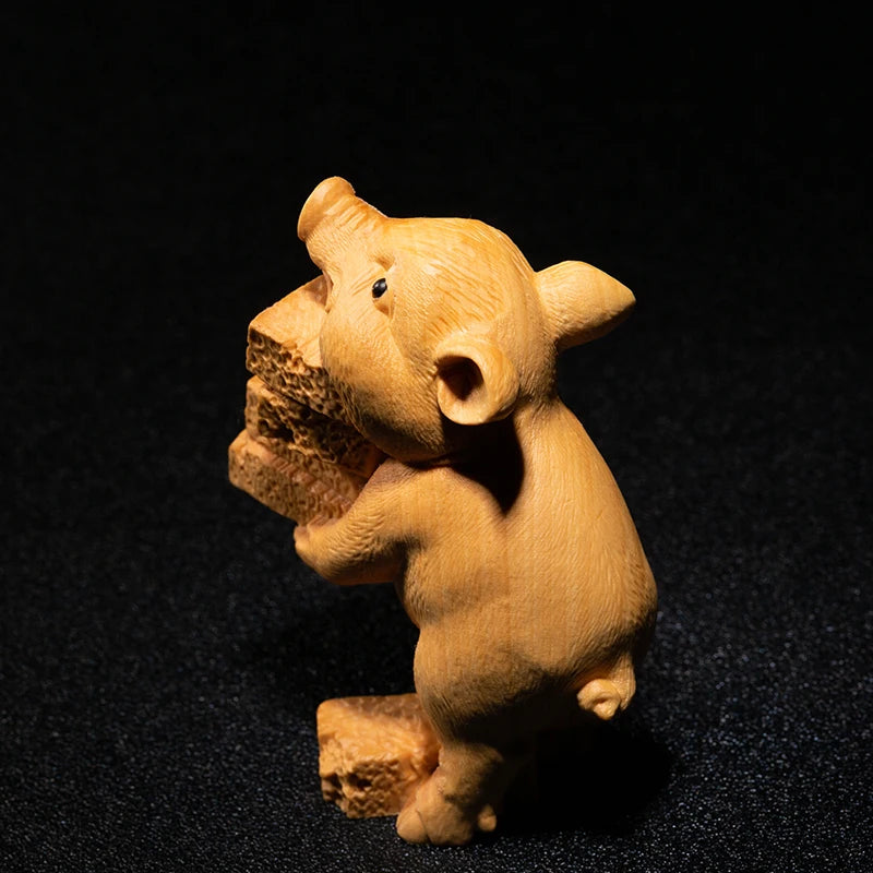 Boxwood 9cm Pig Sculpture Wood Animal Statue Small Diligent Piggy Lucky Home Decor