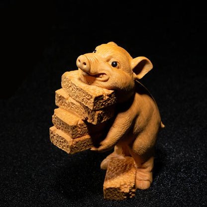 Boxwood 9cm Pig Sculpture Wood Animal Statue Small Diligent Piggy Lucky Home Decor
