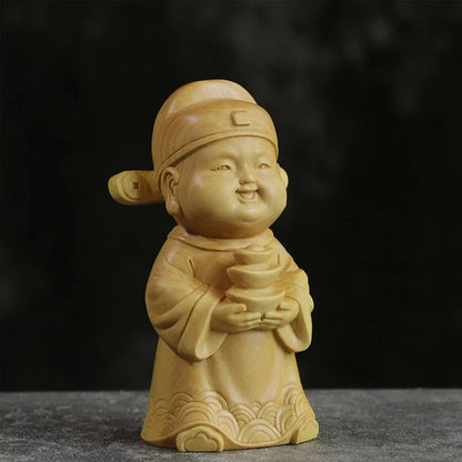 Boxwood 9cm Wealth God Sculpture Solid Wood Buddha Statue Feng Shui Cartoon Myth Collection Home Decor