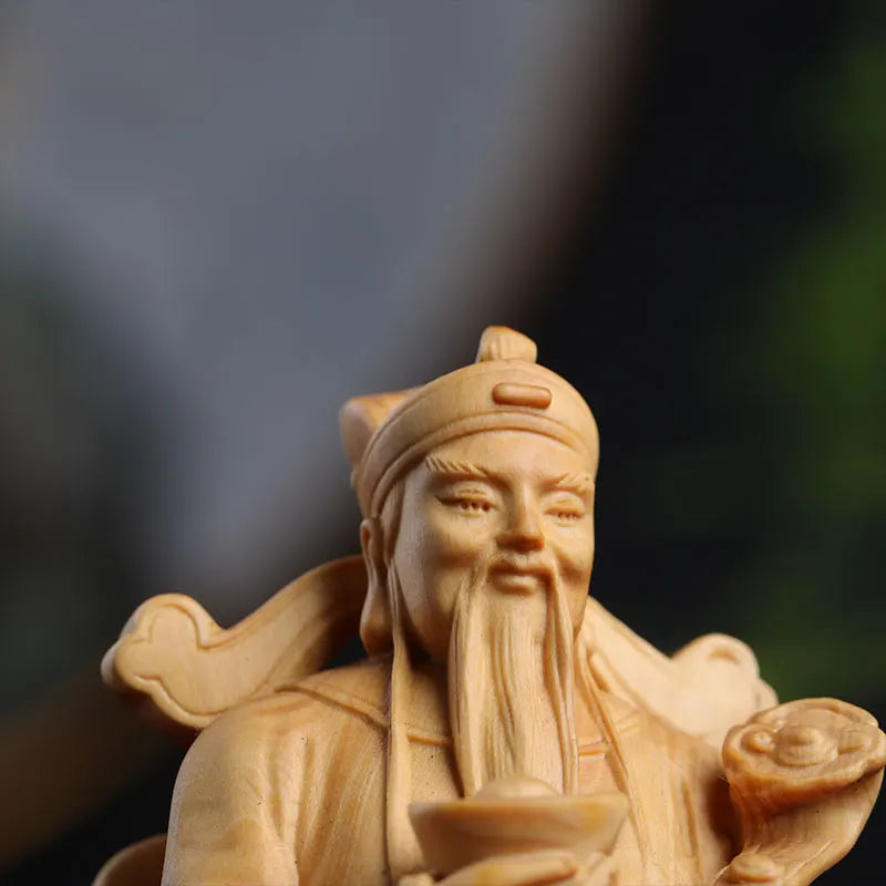 Boxwood 9cm Wealth God Sculpture Wood Lucky Statue Tu Di Gong Home Decor