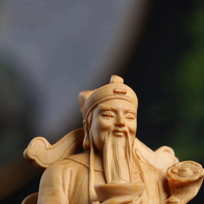 Boxwood 9cm Wealth God Sculpture Wood Lucky Statue Tu Di Gong Home Decor