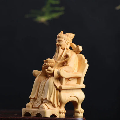 Boxwood 9cm Wealth God Sculpture Wood Lucky Statue Tu Di Gong Home Decor