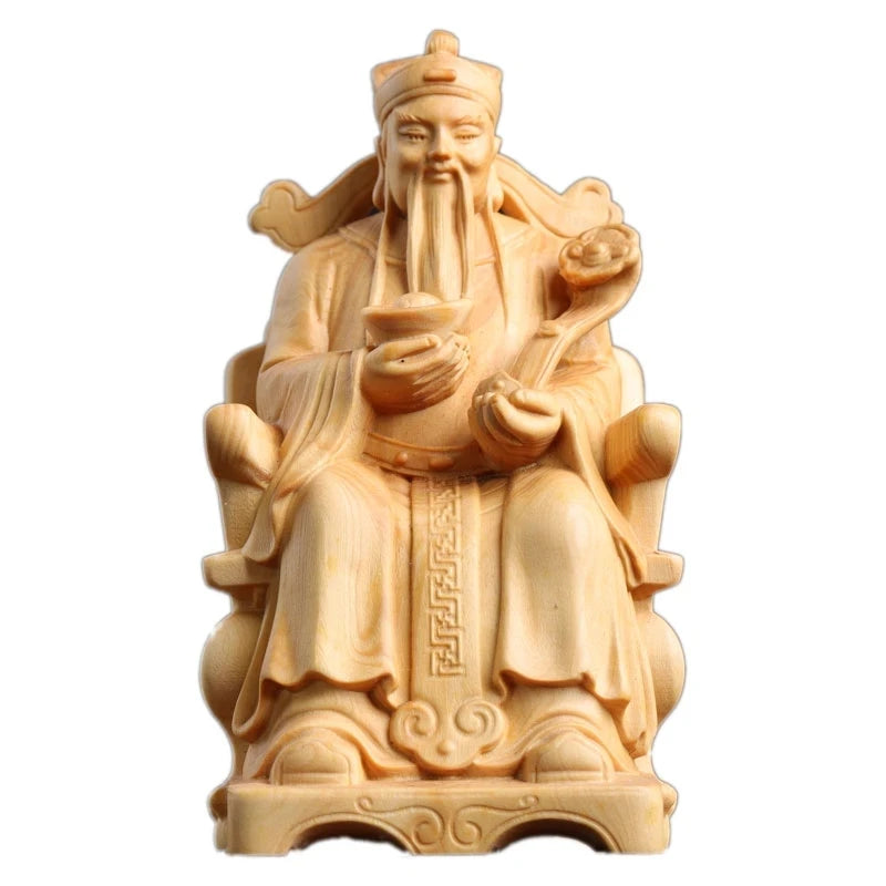 Boxwood 9cm Wealth God Sculpture Wood Lucky Statue Tu Di Gong Home Decor