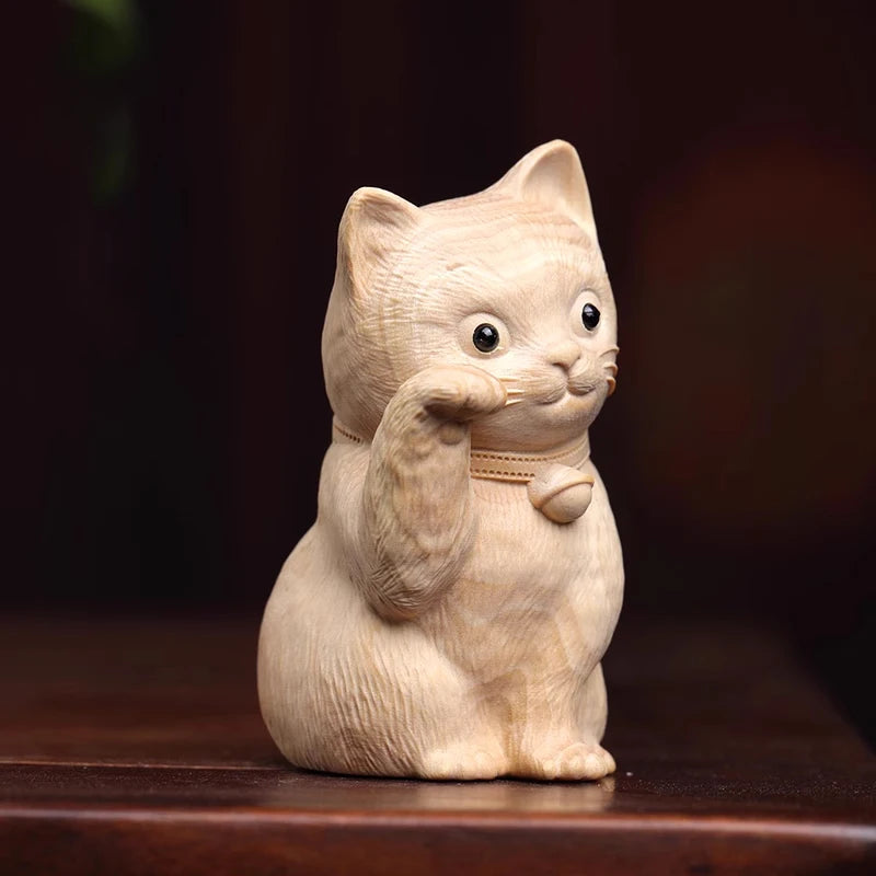Boxwood Animal sculpture Solid wood wood sculpture Cute fortune cat Wood sculpture bell cat Home decoration tabletop decoration