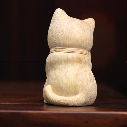 Boxwood Animal sculpture Solid wood wood sculpture Cute fortune cat Wood sculpture bell cat Home decoration tabletop decoration
