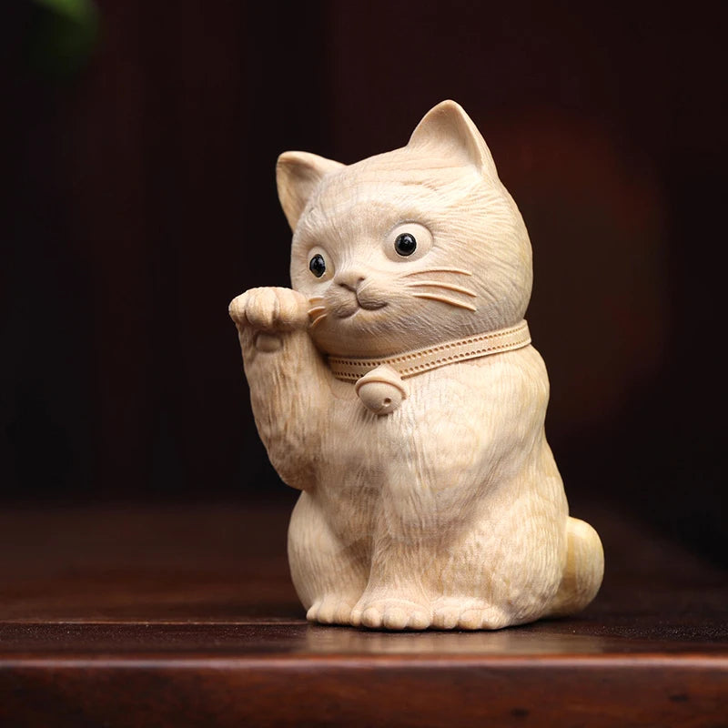 Boxwood Animal sculpture Solid wood wood sculpture Cute fortune cat Wood sculpture bell cat Home decoration tabletop decoration