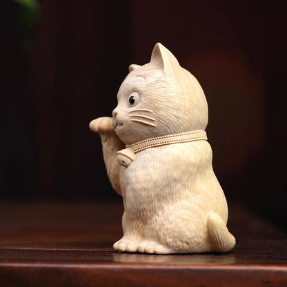 Boxwood Animal sculpture Solid wood wood sculpture Cute fortune cat Wood sculpture bell cat Home decoration tabletop decoration