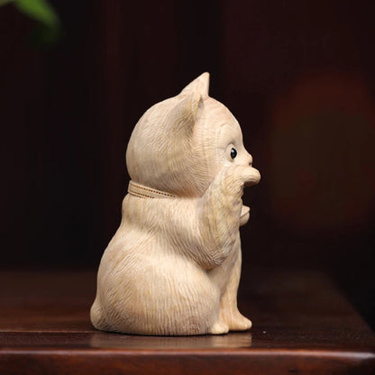 Boxwood Animal sculpture Solid wood wood sculpture Cute fortune cat Wood sculpture bell cat Home decoration tabletop decoration