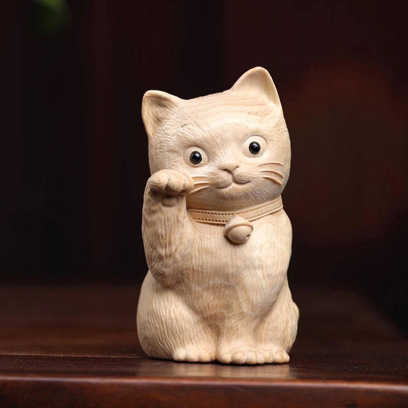 Boxwood Animal sculpture Solid wood wood sculpture Cute fortune cat Wood sculpture bell cat Home decoration tabletop decoration