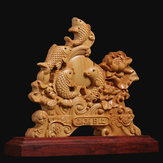 Boxwood Arowana Decor Ornaments Double-sided Hollow Auspicious Hand carved Wooden Home Living Room Office Statue