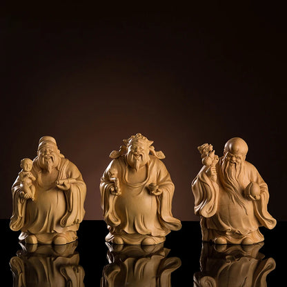 Boxwood Buddha Statue Sanxing Three Stars Fu Lu Shou Home Decoration Prosperity Sculpture Chinese Feng Shui Home Decor