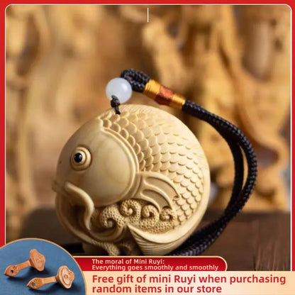Boxwood Carved Originality【Carp-amass Fortunes】Bring Wealth and Lucky Home Decoration Office Accessories Car Pendant Ornaments