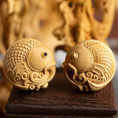 Boxwood Carved Originality【Carp-amass Fortunes】Bring Wealth and Lucky Home Decoration Office Accessories Car Pendant Ornaments