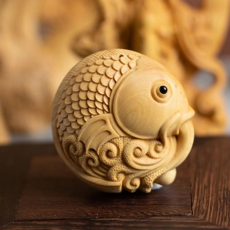 Boxwood Carved Originality【Carp-amass Fortunes】Bring Wealth and Lucky Home Decoration Office Accessories Car Pendant Ornaments
