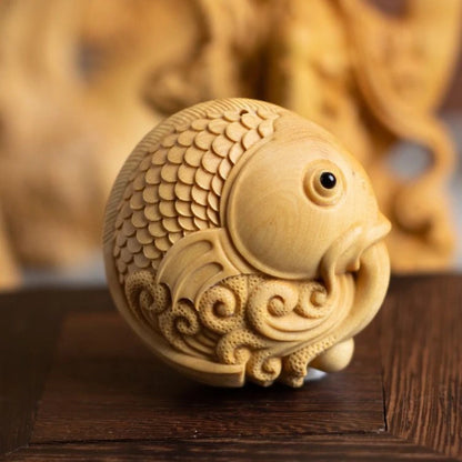 Boxwood Carved Originality【Carp-amass Fortunes】Bring Wealth and Lucky Home Decoration Office Accessories Car Pendant Ornaments