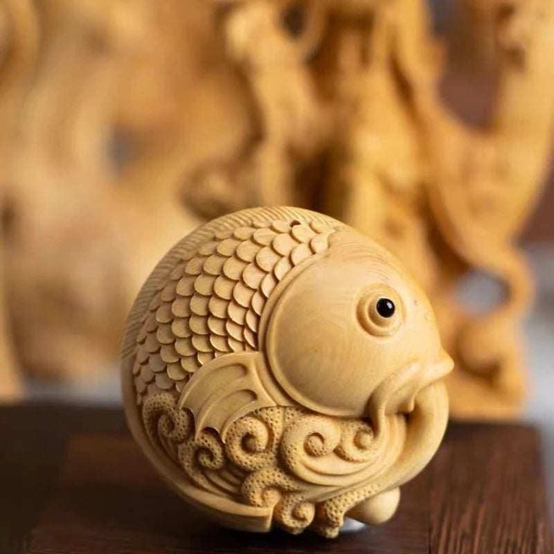 Boxwood Carved Originality【Carp-amass Fortunes】Bring Wealth and Lucky Home Decoration Office Accessories Car Pendant Ornaments