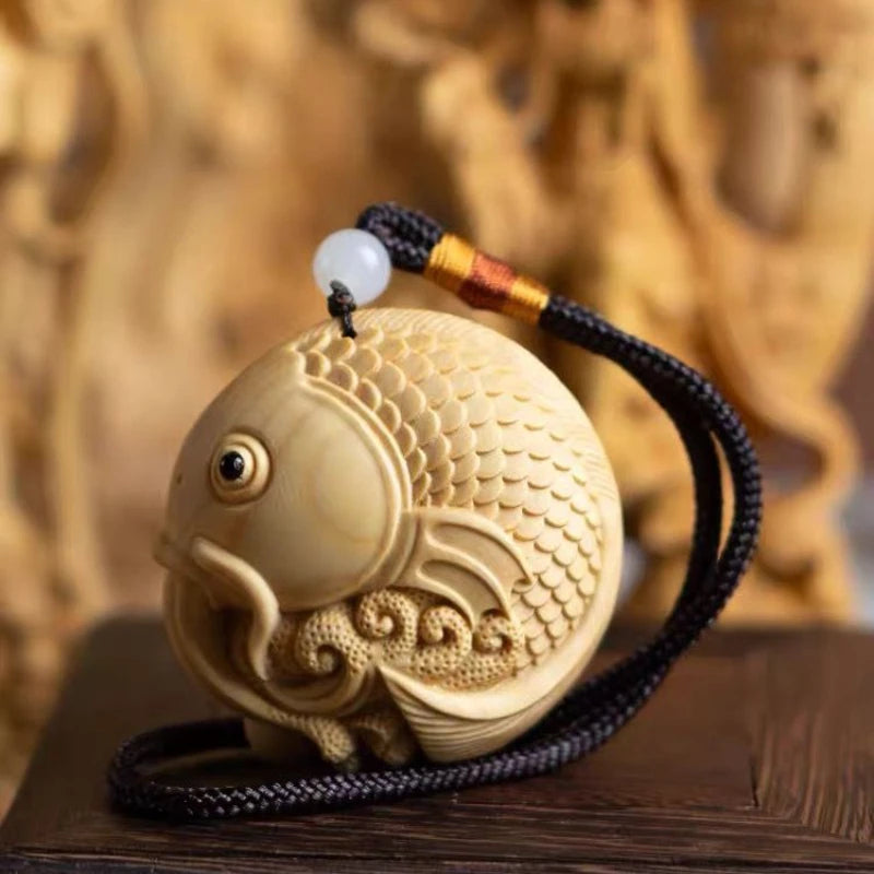 Boxwood Carved Originality【Carp-amass Fortunes】Bring Wealth and Lucky Home Decoration Office Accessories Car Pendant Ornaments
