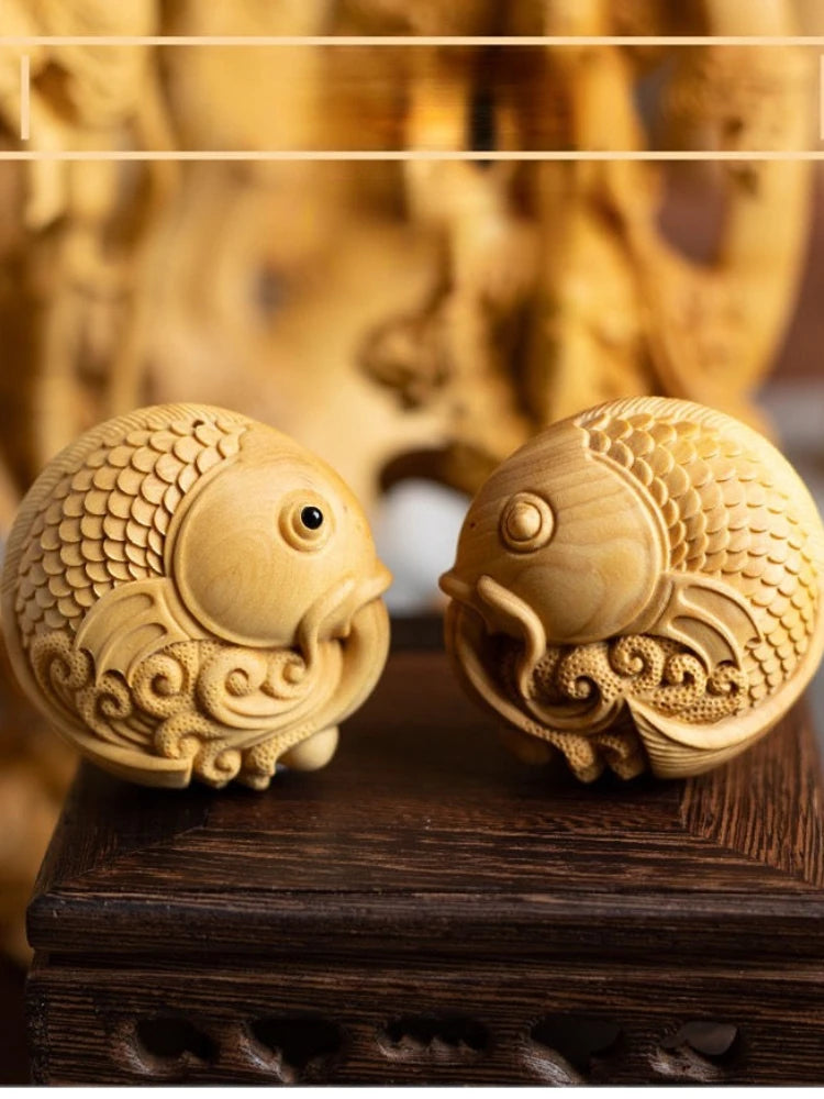 Boxwood Carved Originality【Carp-amass Fortunes】Bring Wealth and Lucky Home Decoration Office Accessories Car Pendant Ornaments