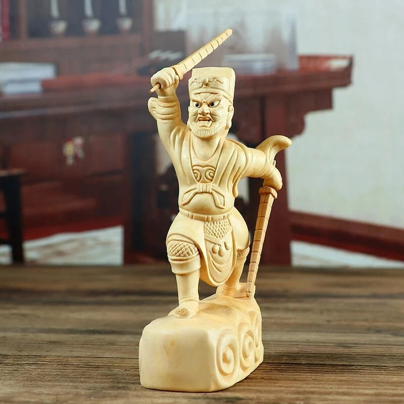 Boxwood Carving 12CM Solid Wood Chinese Household Statue Craft Gifts Zhao Gongming Feng Shui God of Wealth Sculpture Home Decor