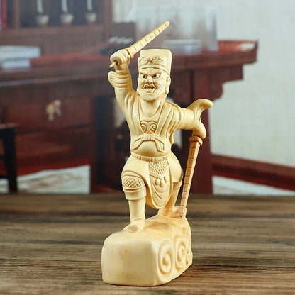 Boxwood Carving 12CM Solid Wood Chinese Household Statue Craft Gifts Zhao Gongming Feng Shui God of Wealth Sculpture Home Decor