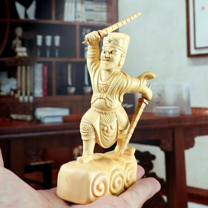 Boxwood Carving 12CM Solid Wood Chinese Household Statue Craft Gifts Zhao Gongming Feng Shui God of Wealth Sculpture Home Decor