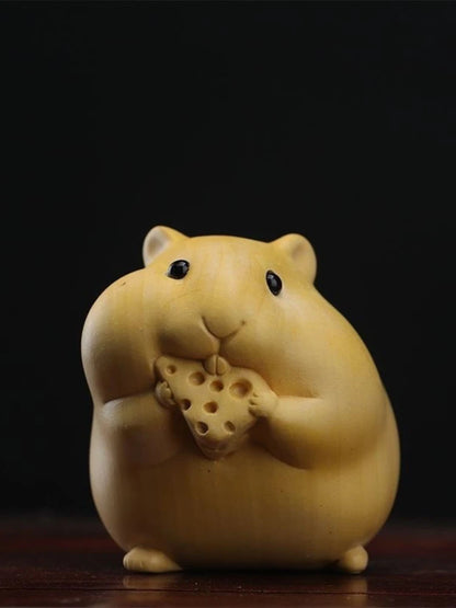 Boxwood Carving【Bring Wealth and Lucky-little Hamster】Home Decoration Handmade Figurine Sculpture Modern Arts Car Pendant 5CM