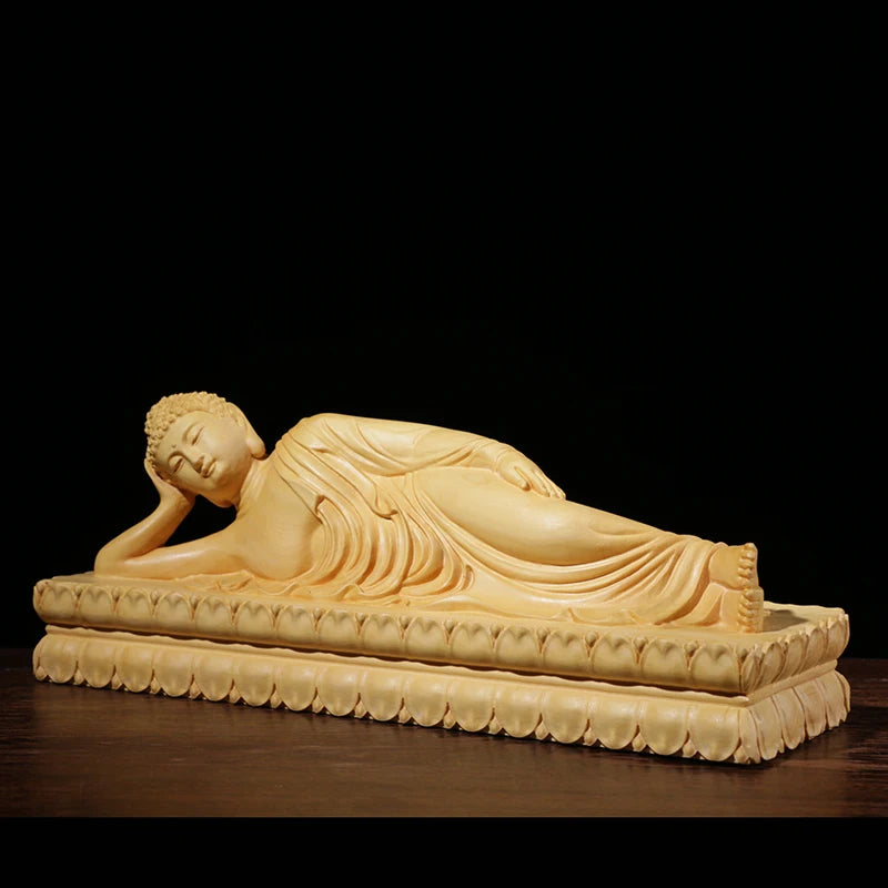 Boxwood Carving Buddha Statue Feng Shui Decoration Hall Worship Handicraft Reposing Lying Buddha Sculpture Home Decor