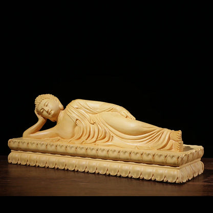 Boxwood Carving Buddha Statue Feng Shui Decoration Hall Worship Handicraft Reposing Lying Buddha Sculpture Home Decor