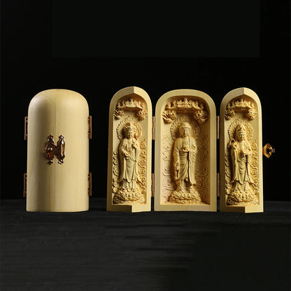 Boxwood Carving Buddha Statue Three Western Sages Guanyin Wood Buddha Shrine Fu Lu Shou Sculpture Three Open Box Home Decor