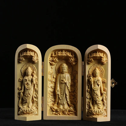 Boxwood Carving Buddha Statue Three Western Sages Guanyin Wood Buddha Shrine Fu Lu Shou Sculpture Three Open Box Home Decor