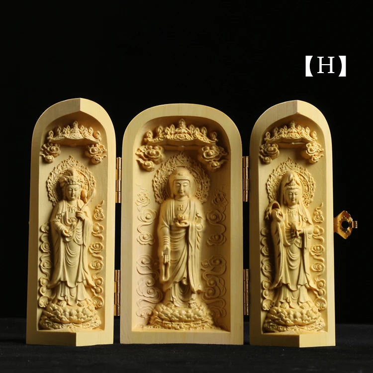 Boxwood Carving Buddha Statue Three Western Sages Guanyin Wood Buddha Shrine Fu Lu Shou Sculpture Three Open Box Home Decor