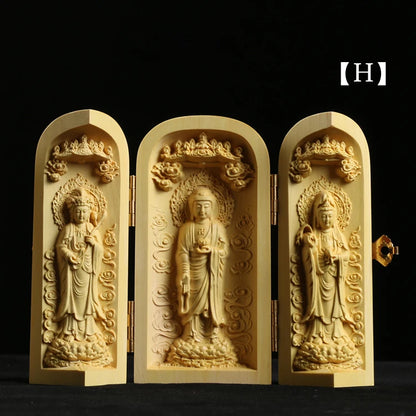 Boxwood Carving Buddha Statue Three Western Sages Guanyin Wood Buddha Shrine Fu Lu Shou Sculpture Three Open Box Home Decor