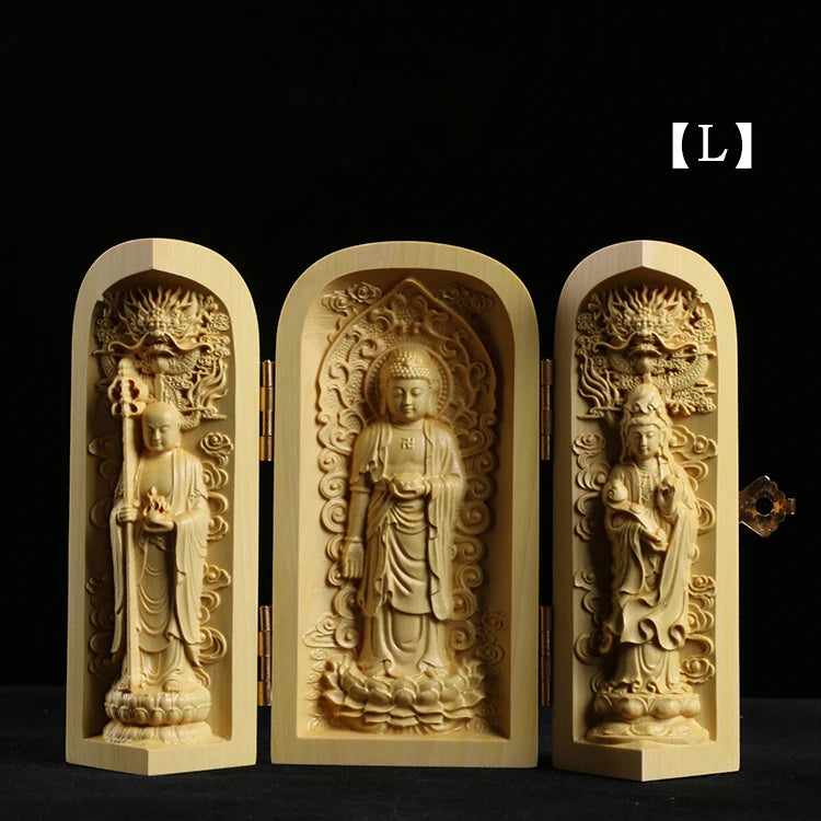 Boxwood Carving Buddha Statue Three Western Sages Guanyin Wood Buddha Shrine Fu Lu Shou Sculpture Three Open Box Home Decor