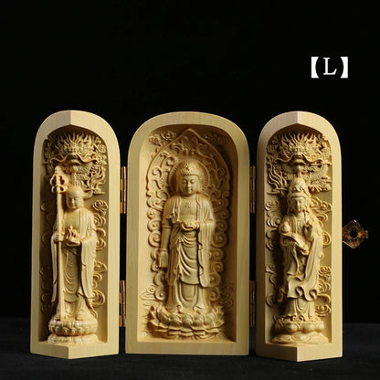 Boxwood Carving Buddha Statue Three Western Sages Guanyin Wood Buddha Shrine Fu Lu Shou Sculpture Three Open Box Home Decor