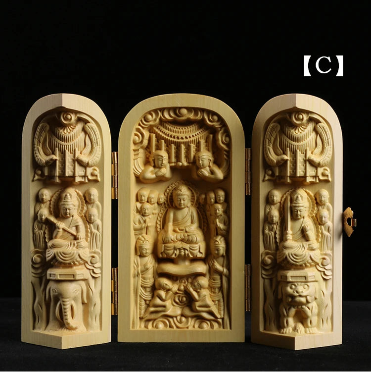 Boxwood Carving Buddha Statue Three Western Sages Guanyin Wood Buddha Shrine Fu Lu Shou Sculpture Three Open Box Home Decor