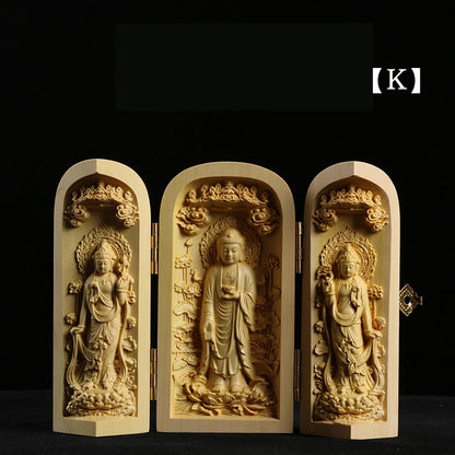 Boxwood Carving Buddha Statue Three Western Sages Guanyin Wood Buddha Shrine Fu Lu Shou Sculpture Three Open Box Home Decor